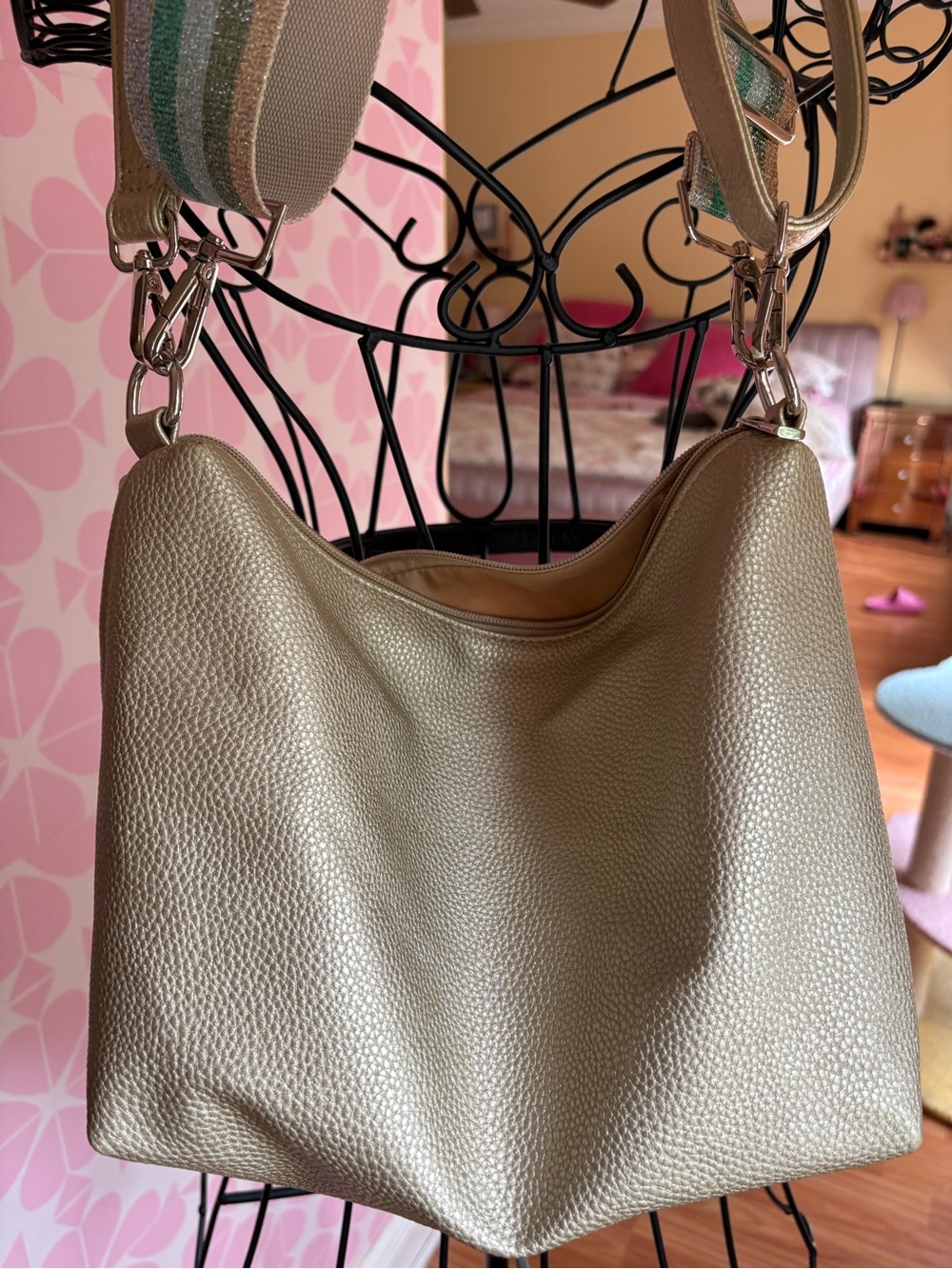 Metallic Gold Pebbled Shoulder Hobo Bag with Detachable Strap